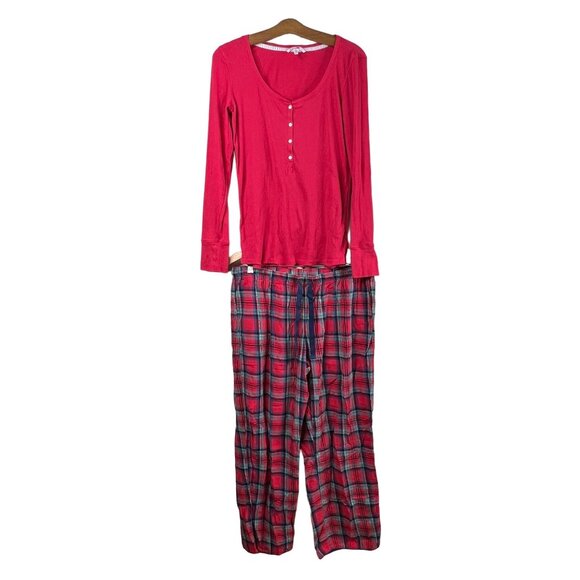 Victorias Secret 2 Piece Pajama Set Size Large Long Sleeve Top Plaid Pants Red - Picture 1 of 16